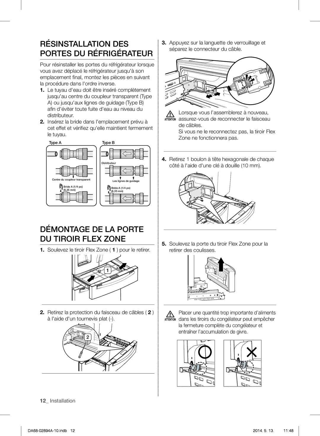 Samsung RF31FMESBSR user manual Démontage DE LA Porte DU Tiroir Flex Zone, Résinstallation DES Portes DU Réfrigérateur 