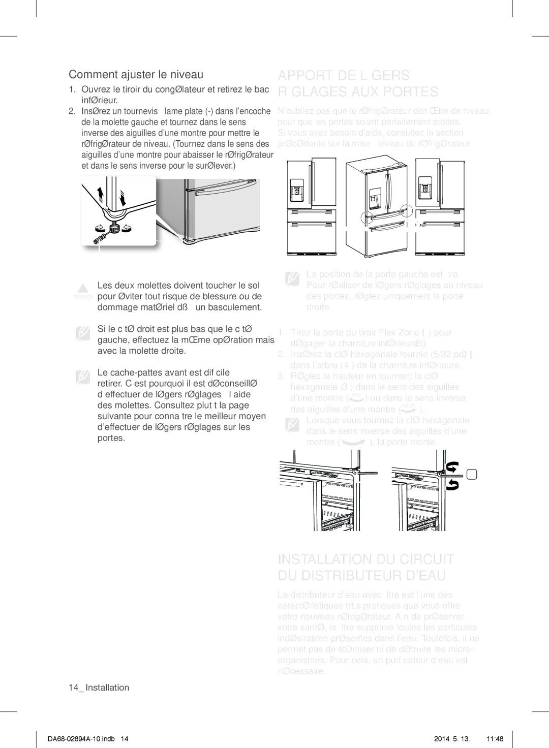 Samsung RF31FMESBSR user manual Apport DE Légers Réglages AUX Portes, Installation DU Circuit DU Distributeur Deau 