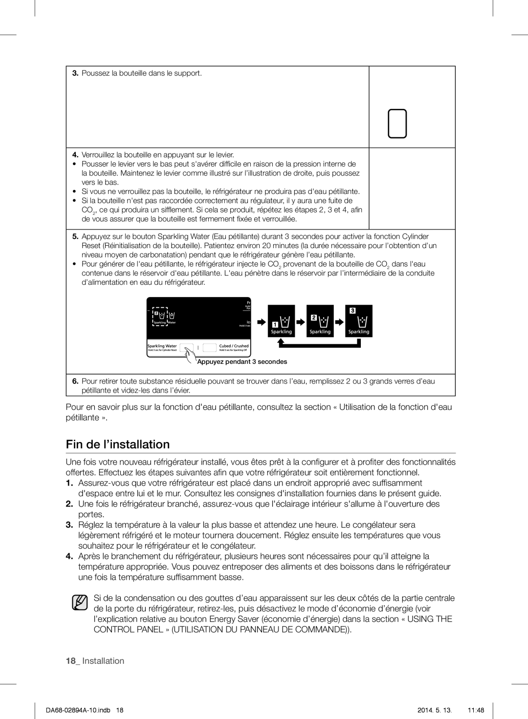 Samsung RF31FMESBSR user manual Fin de l’installation 