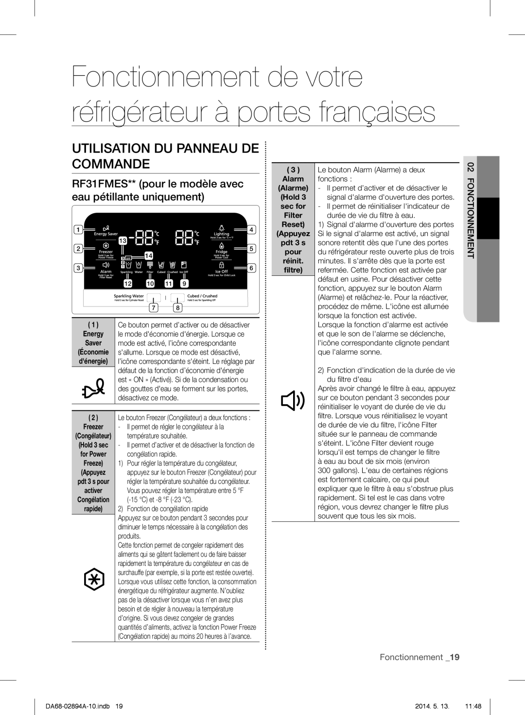 Samsung RF31FMESBSR Utilisation DU Panneau DE Commande, RF31FMES** pour le modèle avec eau pétillante uniquement, Alarme 