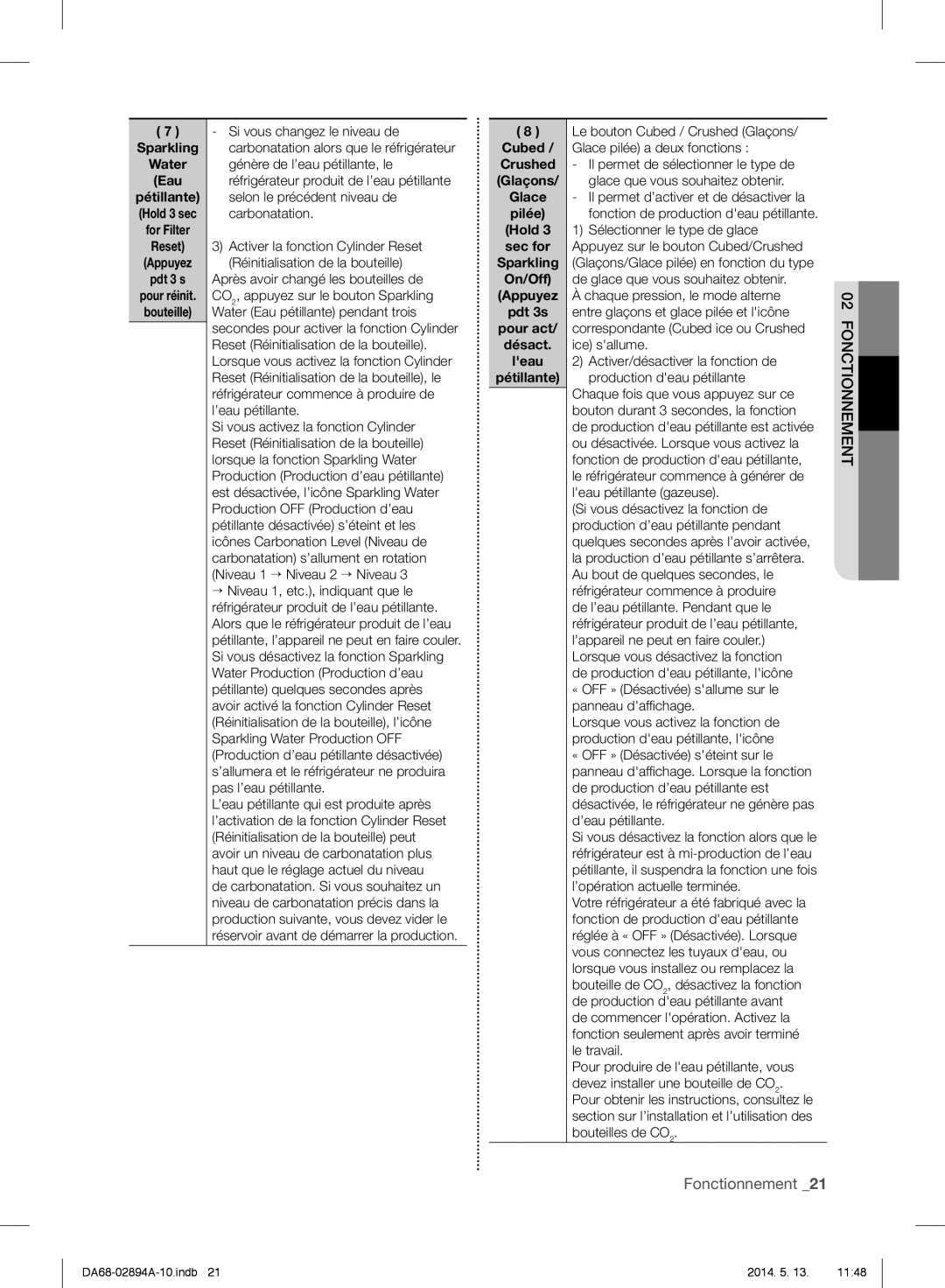 Samsung RF31FMESBSR user manual Glace, Pdt 3s, Désact, Leau 