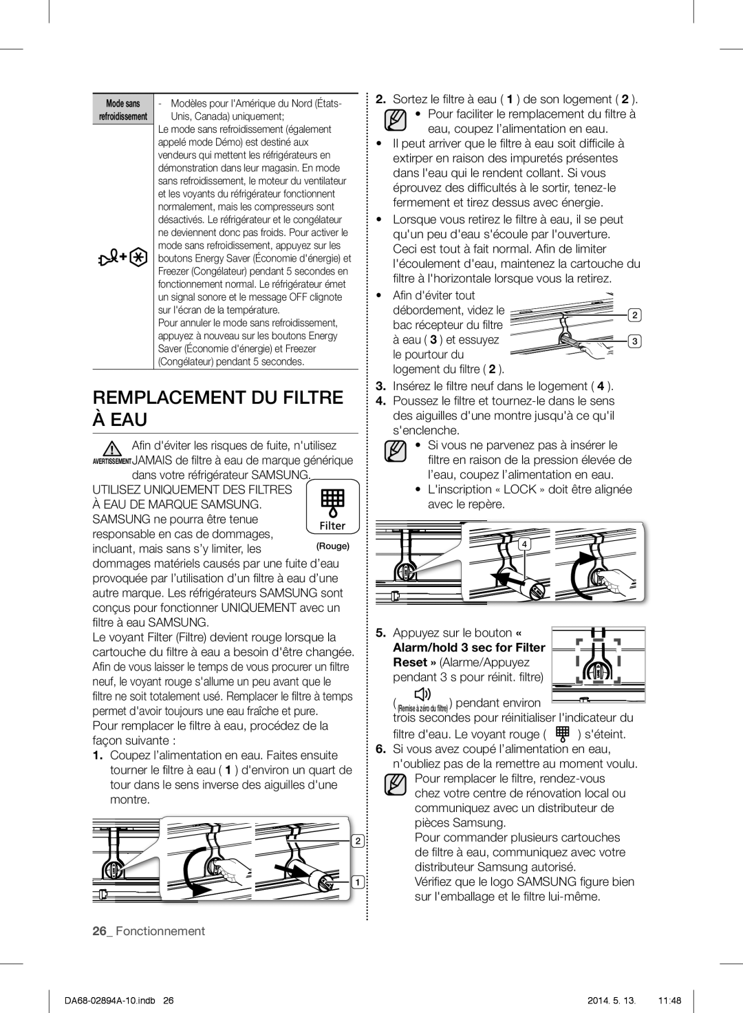 Samsung RF31FMESBSR user manual Remplacement DU Filtre À EAU, Aﬁ n déviter les risques de fuite, nutilisez 