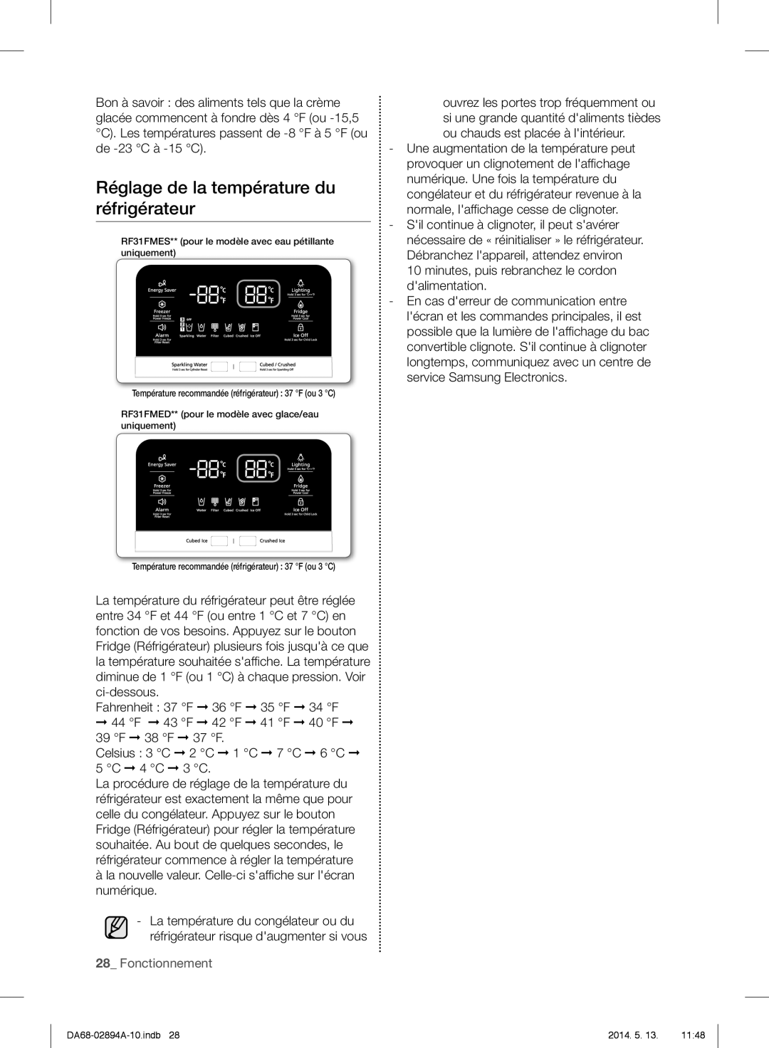 Samsung RF31FMESBSR Réglage de la température du réfrigérateur, La nouvelle valeur. Celle-ci safﬁ che sur lécran numérique 