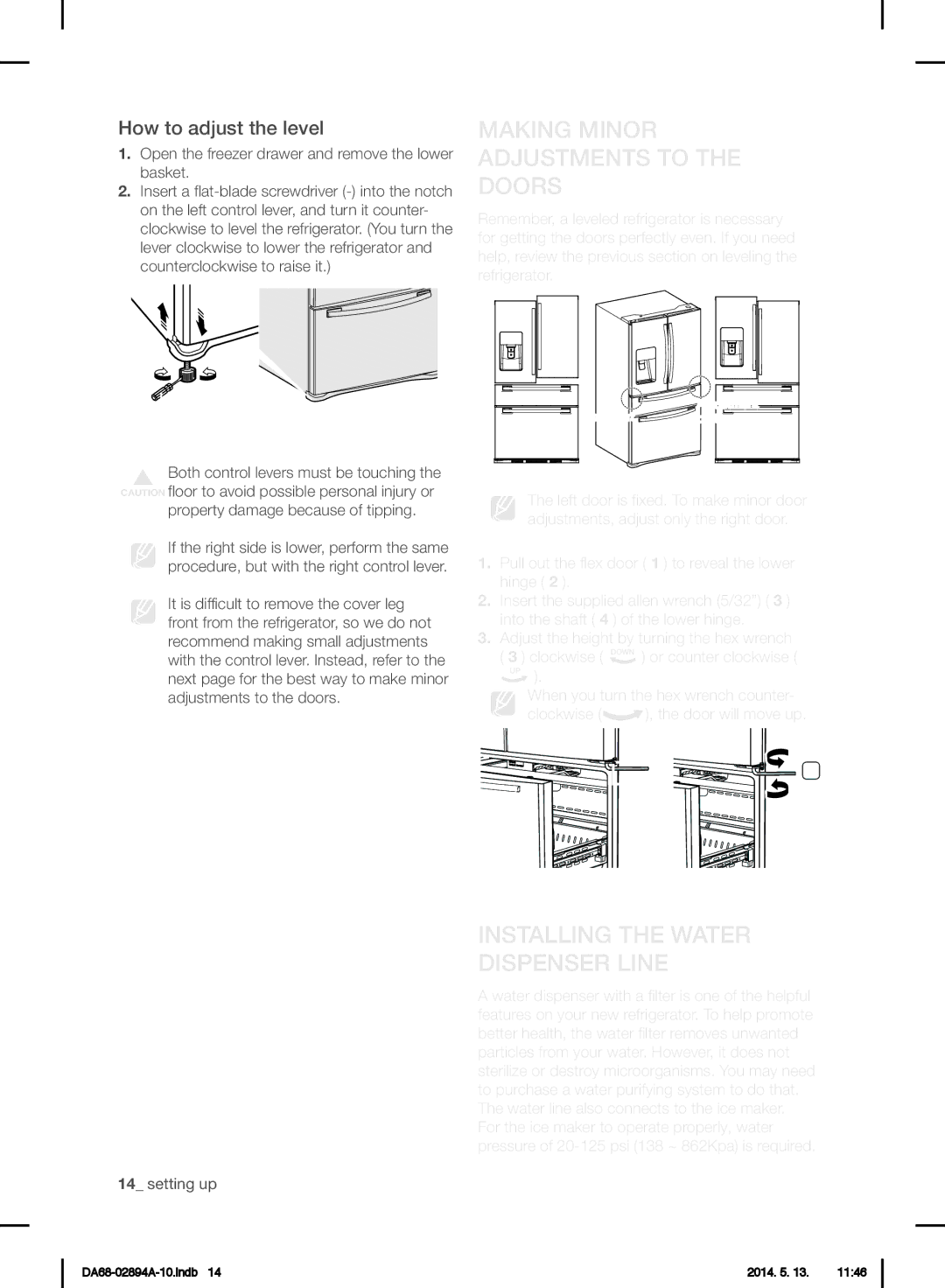 Samsung RF31FMESBSR Making Minor Adjustments to the Doors, Installing the Water Dispenser Line, How to adjust the level 