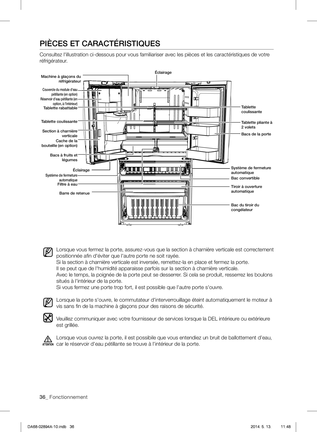 Samsung RF31FMESBSR user manual Pièces ET Caractéristiques 