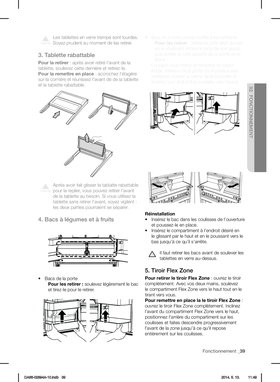 Samsung RF31FMESBSR user manual Tablette rabattable, Bacs à légumes et à fruits, Tiroir Flex Zone, Tirant, Réinstallation 