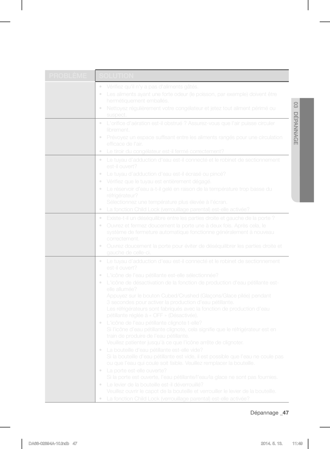 Samsung RF31FMESBSR Dégage, Une odeur, Désagréable, Du gel se forme, Sur les parois, Du congélateur, Le distributeur, Pas 