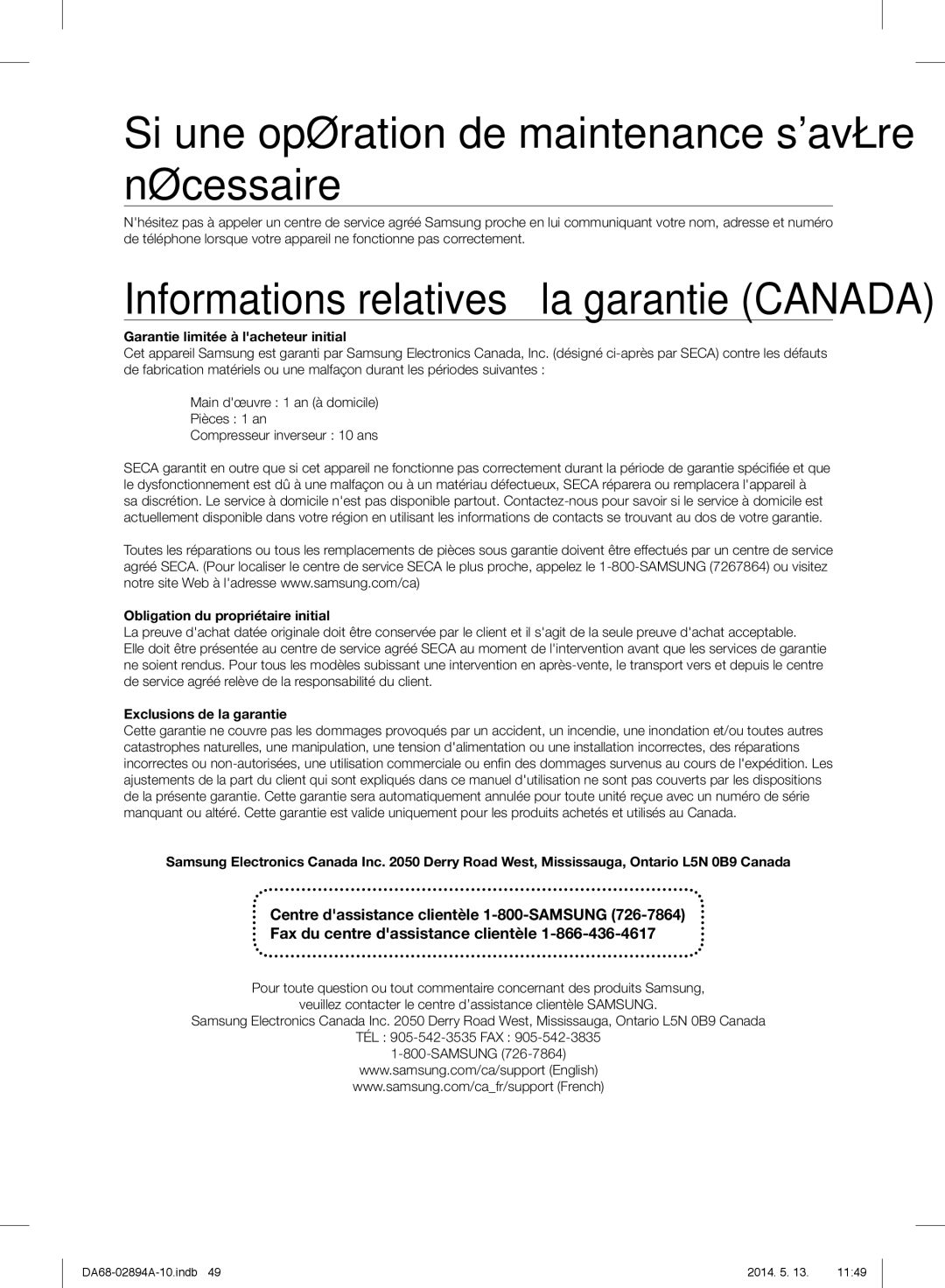 Samsung RF31FMESBSR Garantie limitée à lacheteur initial, Obligation du propriétaire initial, Exclusions de la garantie 