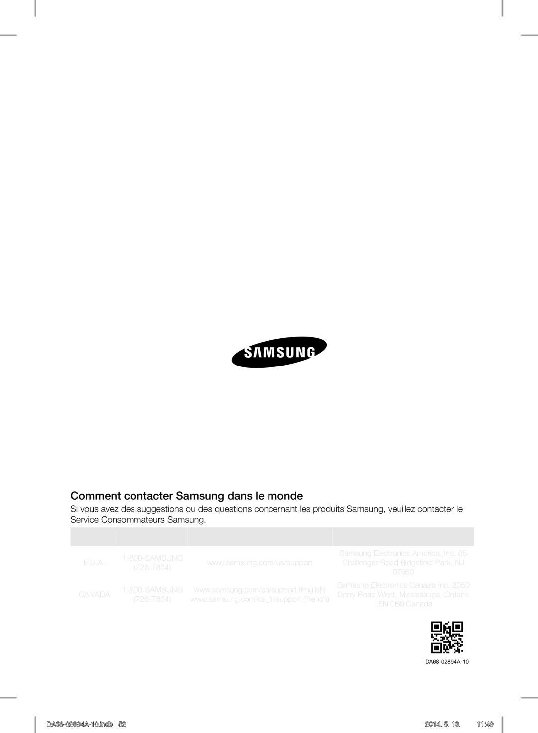 Samsung RF31FMESBSR Comment contacter Samsung dans le monde, Pays Appelez LE OU RENDEZ-VOUS SUR LE Site Écrivez À 