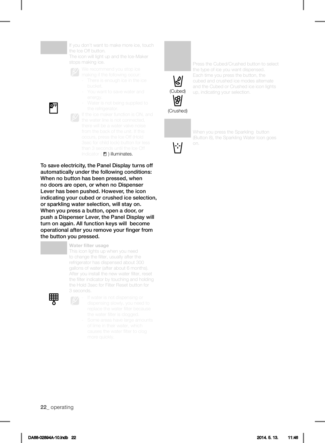 Samsung RF31FMESBSR user manual Water filter usage, Filter, Cubed Ice 