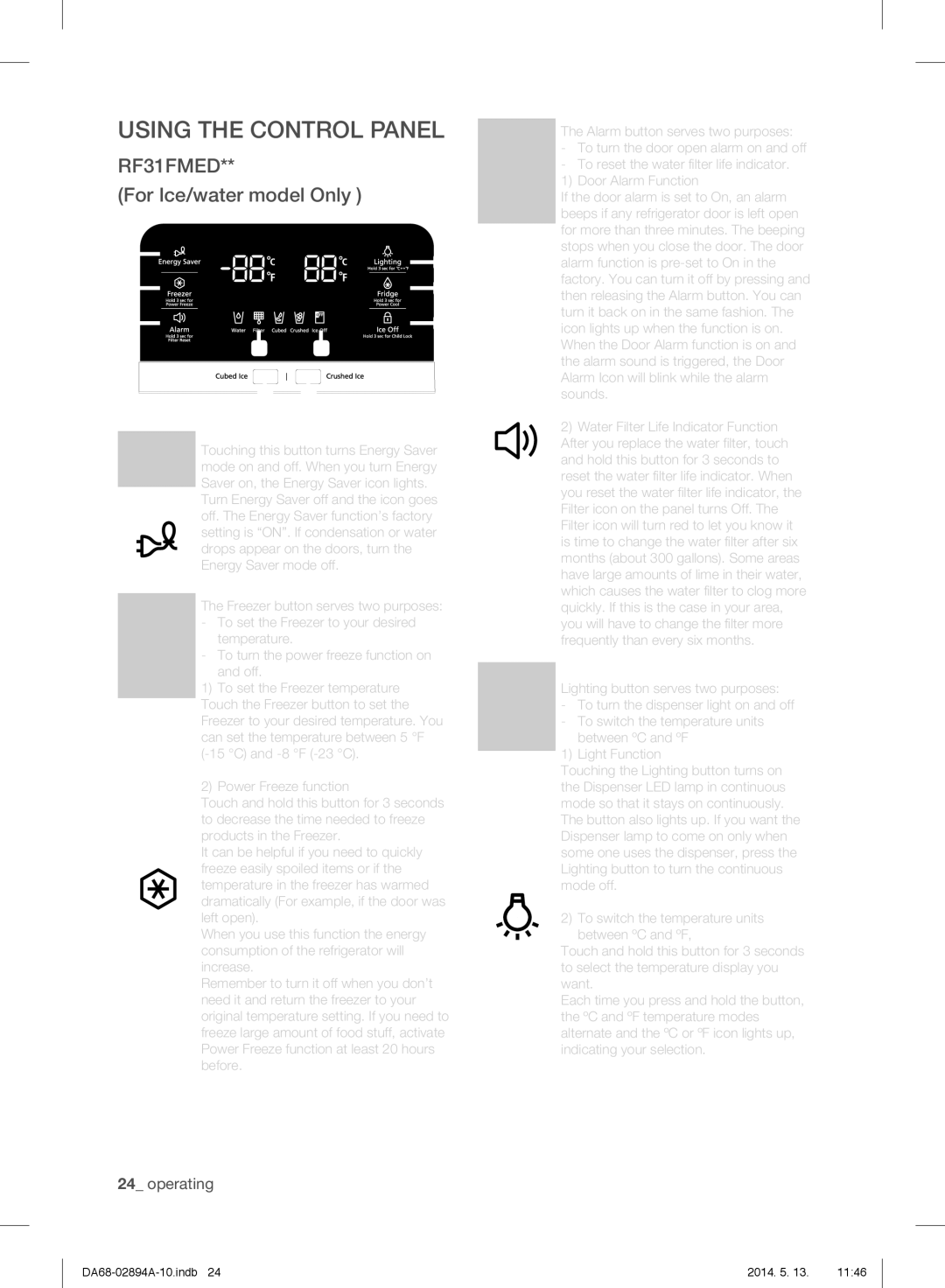 Samsung RF31FMESBSR user manual For Ice/water model Only, Saver, Reset 