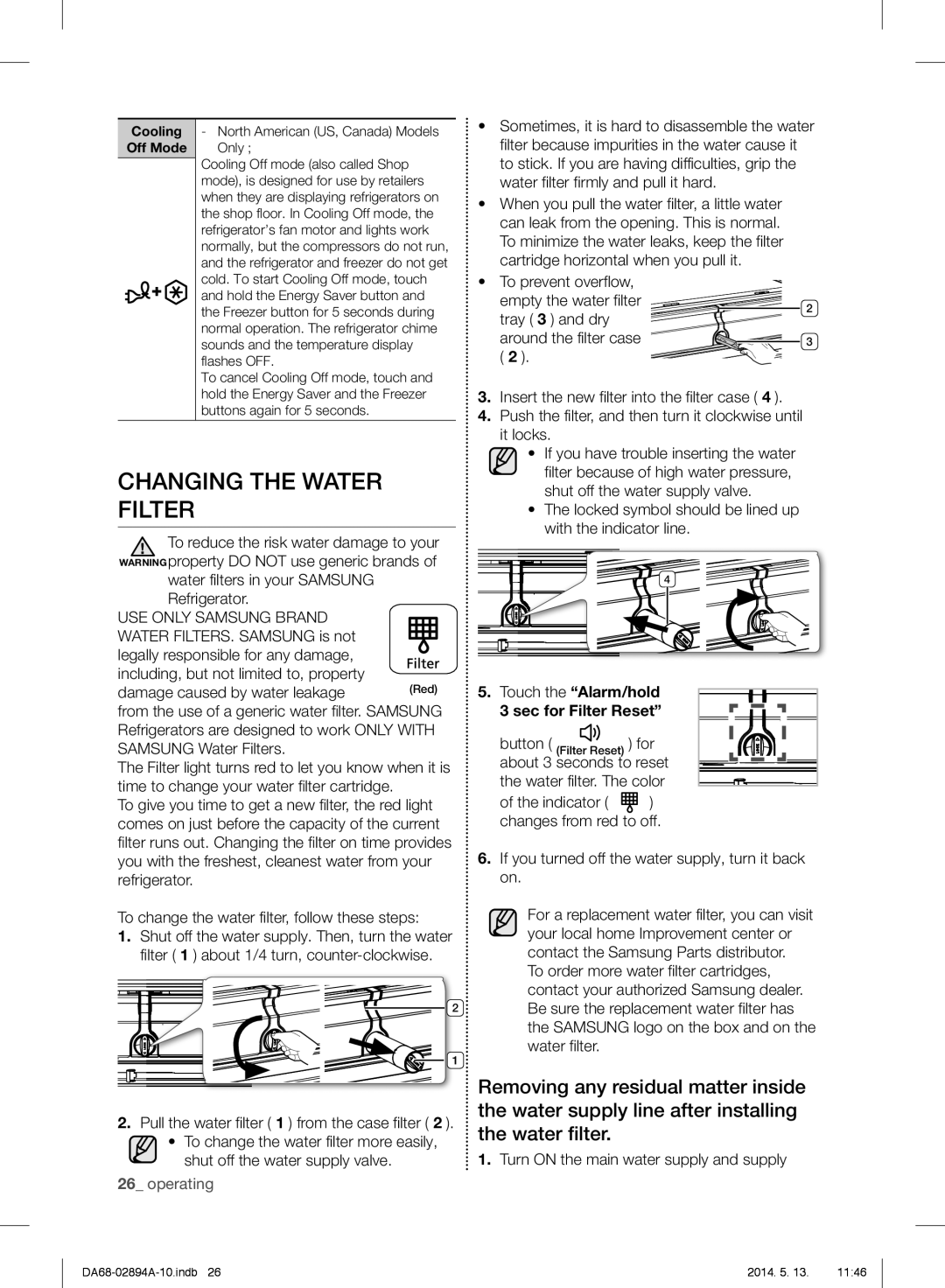 Samsung RF31FMESBSR user manual Changing the Water Filter, Touch the Alarm/hold Sec for Filter Reset 