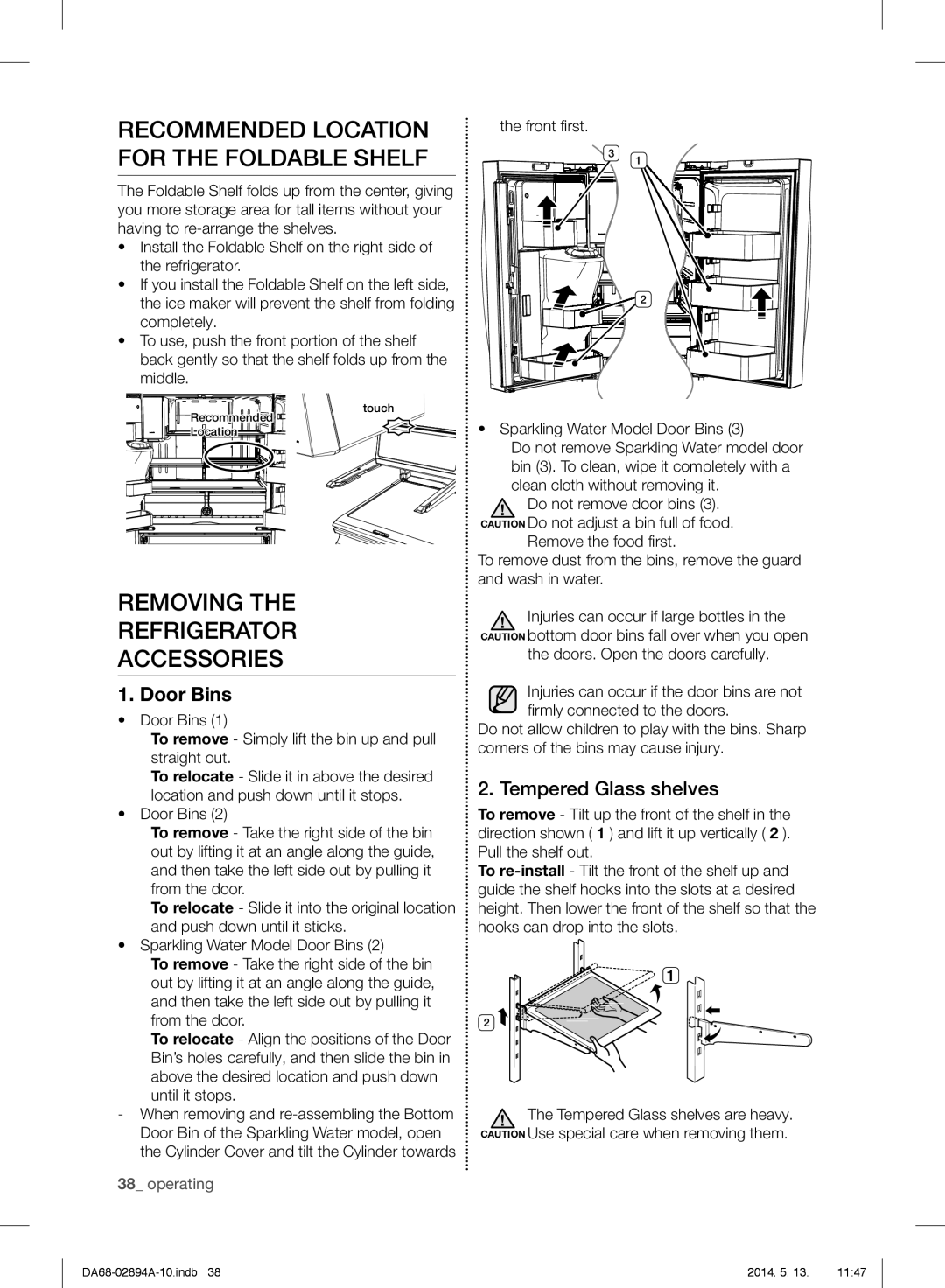 Samsung RF31FMESBSR Recommended Location for the Foldable Shelf, Removing Refrigerator Accessories, Tempered Glass shelves 