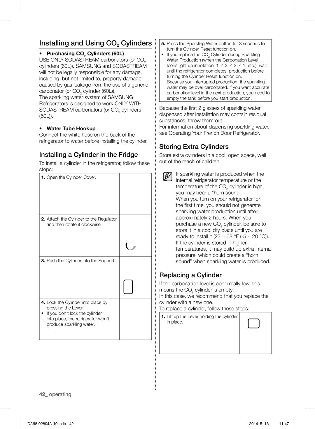 Samsung RF31FMESBSR Installing and Using CO2 Cylinders, Installing a Cylinder in the Fridge, Storing Extra Cylinders 