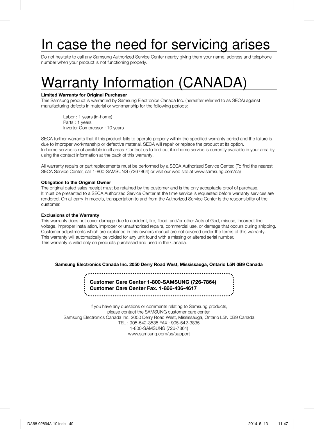 Samsung RF31FMESBSR Customer Care Center 1-800-SAMSUNG Customer Care Center Fax, Limited Warranty for Original Purchaser 