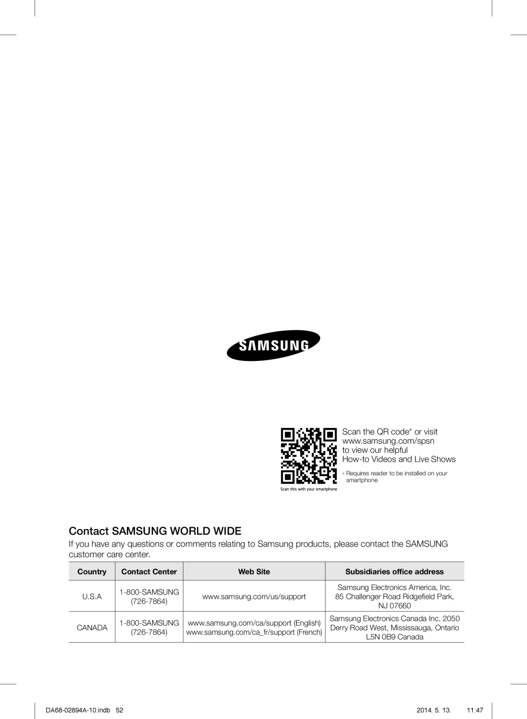 Samsung RF31FMESBSR Contact Samsung World Wide, Country Contact Center Web Site Subsidiaries office address, 726-7864 