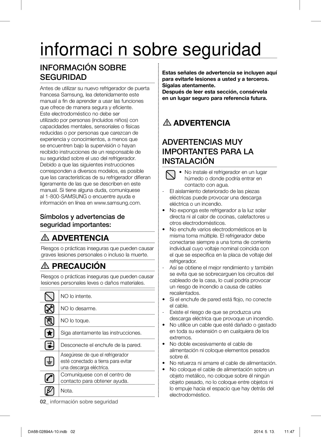 Samsung RF31FMESBSR user manual Información sobre seguridad, Información Sobre Seguridad, Refrigerador 