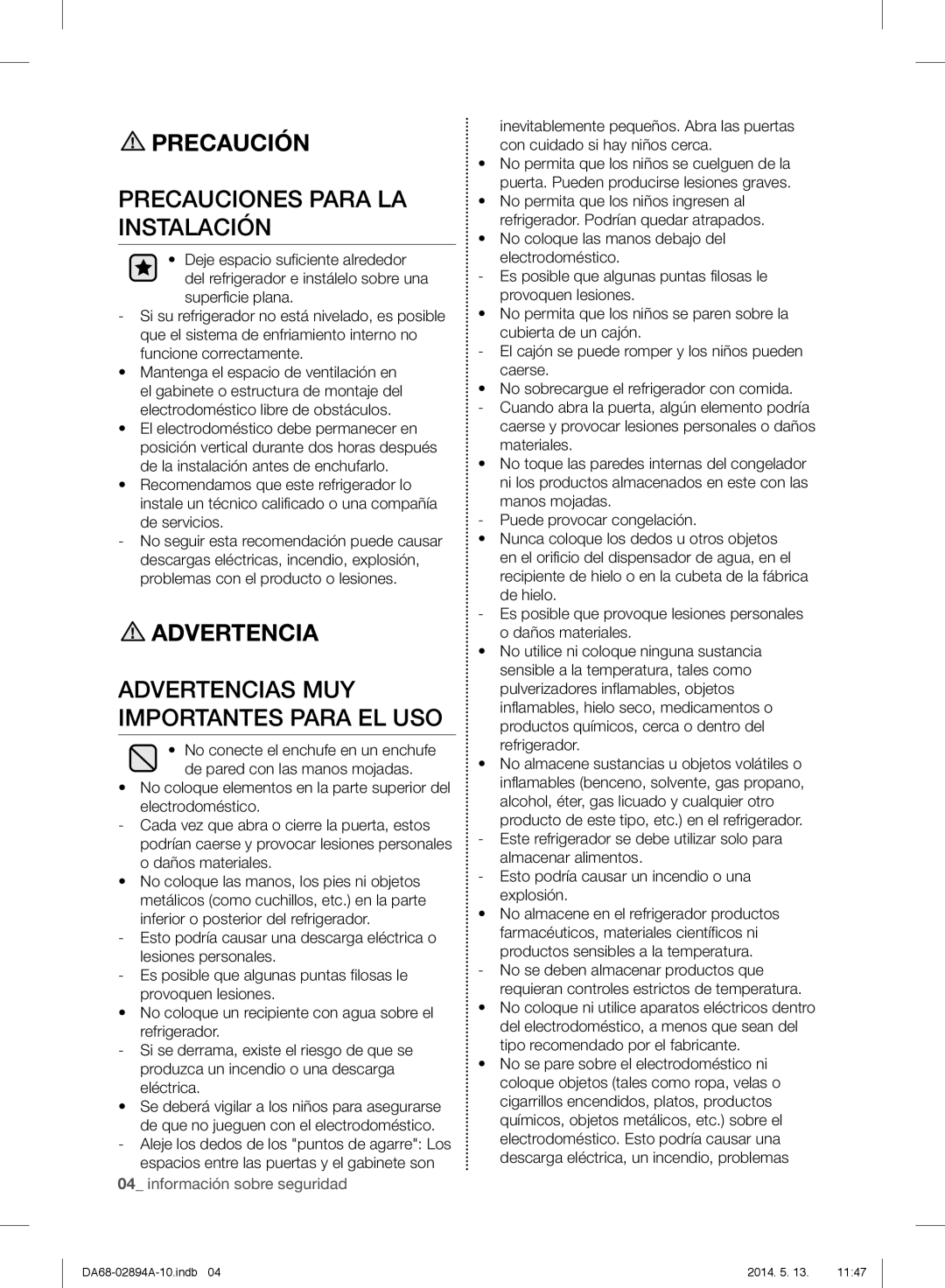 Samsung RF31FMESBSR user manual Precauciones Para LA Instalación, Advertencias MUY Importantes Para EL USO, Eléctrica 