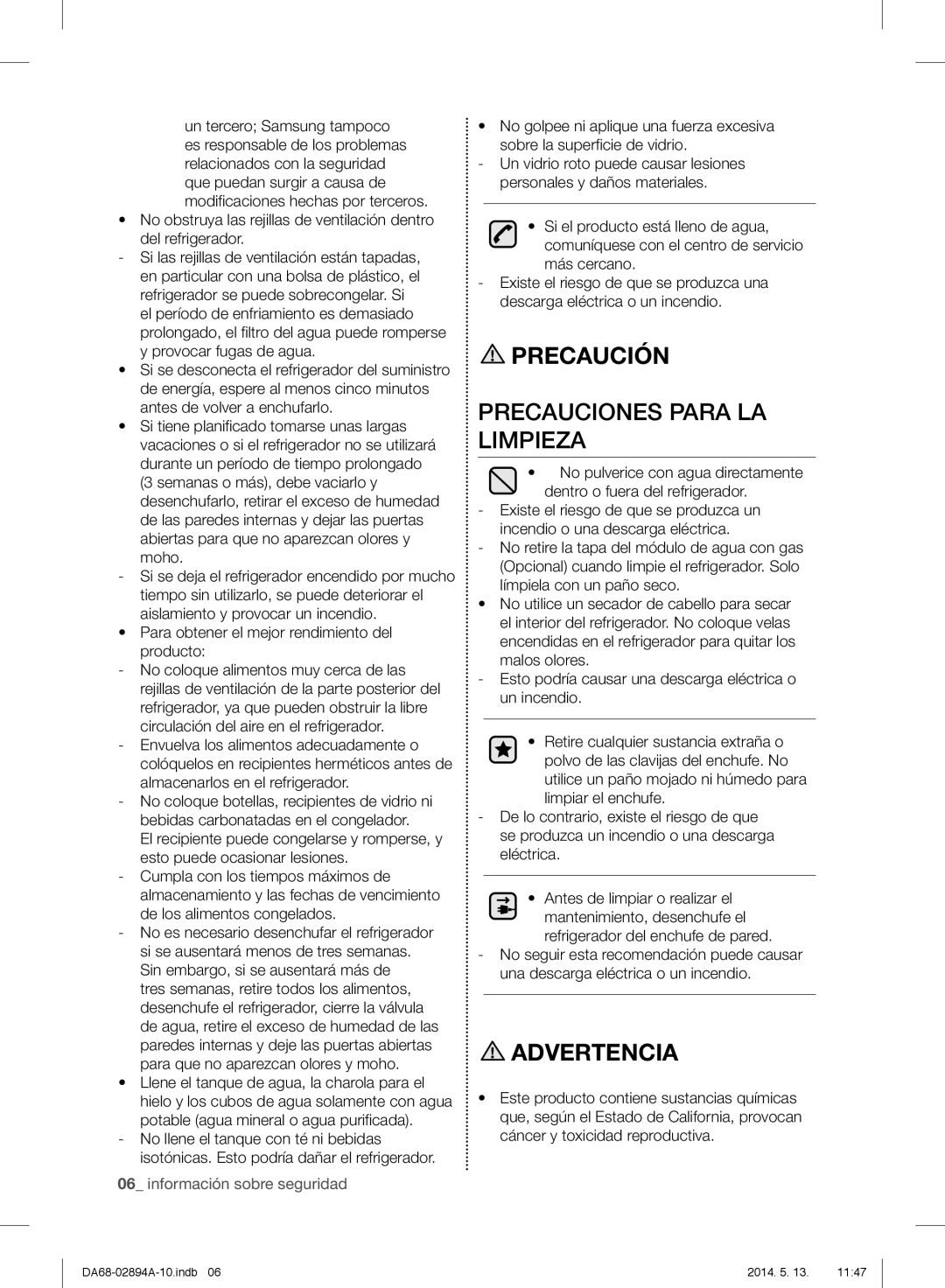 Samsung RF31FMESBSR user manual Precauciones Para LA Limpieza, Potable agua mineral o agua purificada 