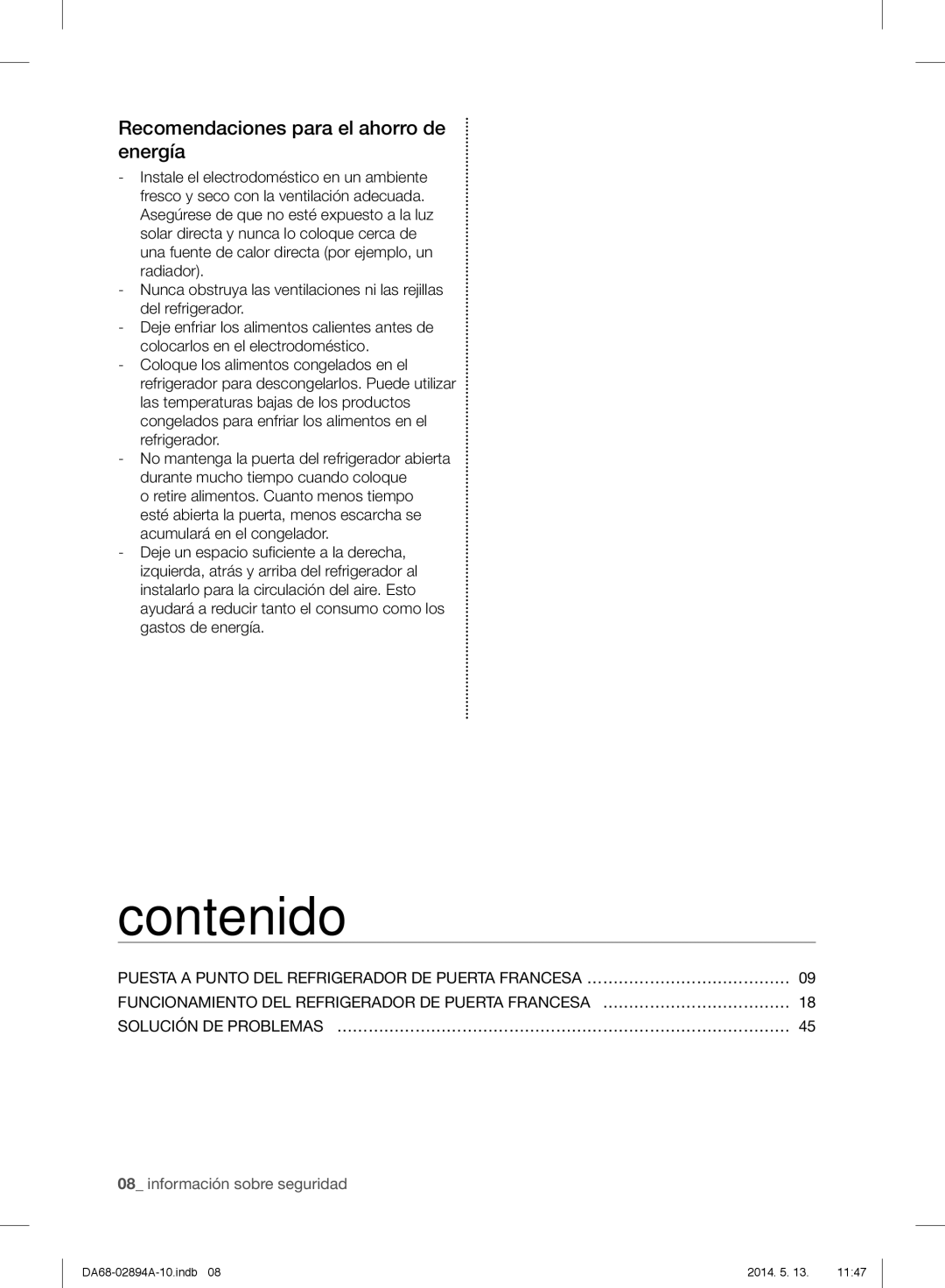 Samsung RF31FMESBSR user manual Contenido, Recomendaciones para el ahorro de energía 