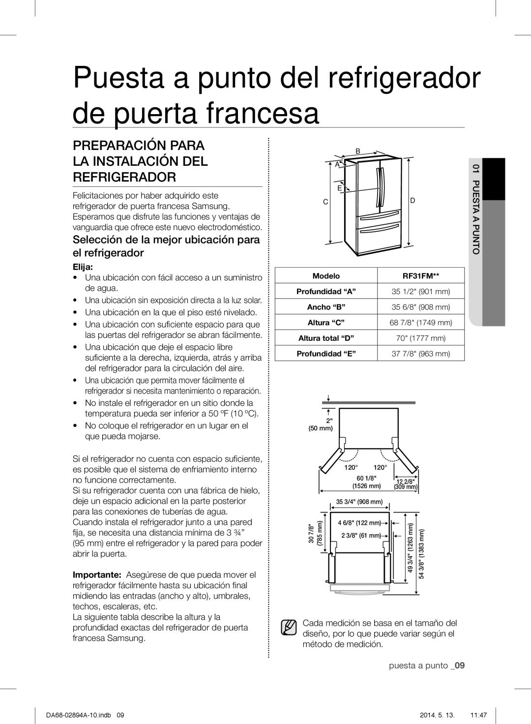 Samsung RF31FMESBSR Preparación Para LA Instalación DEL Refrigerador, Selección de la mejor ubicación para el refrigerador 