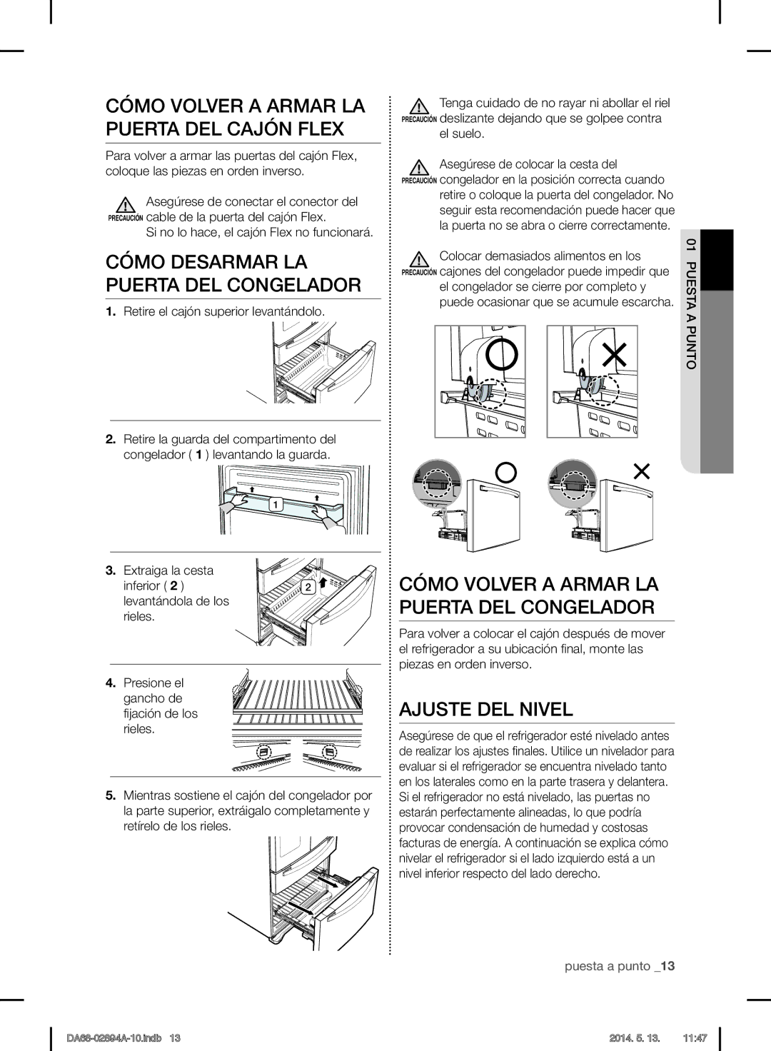 Samsung RF31FMESBSR Cómo Volver a Armar LA Puerta DEL Cajón Flex, Cómo Desarmar LA Puerta DEL Congelador, Ajuste DEL Nivel 