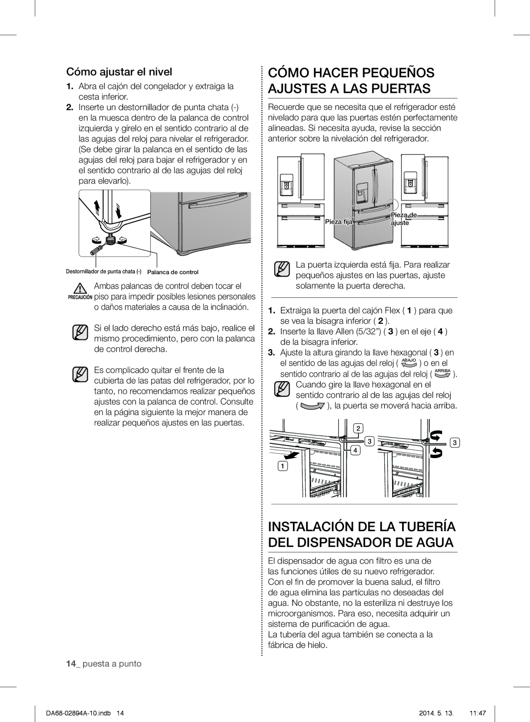 Samsung RF31FMESBSR Cómo Hacer Pequeños Ajustes a LAS Puertas, Instalación DE LA Tubería DEL Dispensador DE Agua 