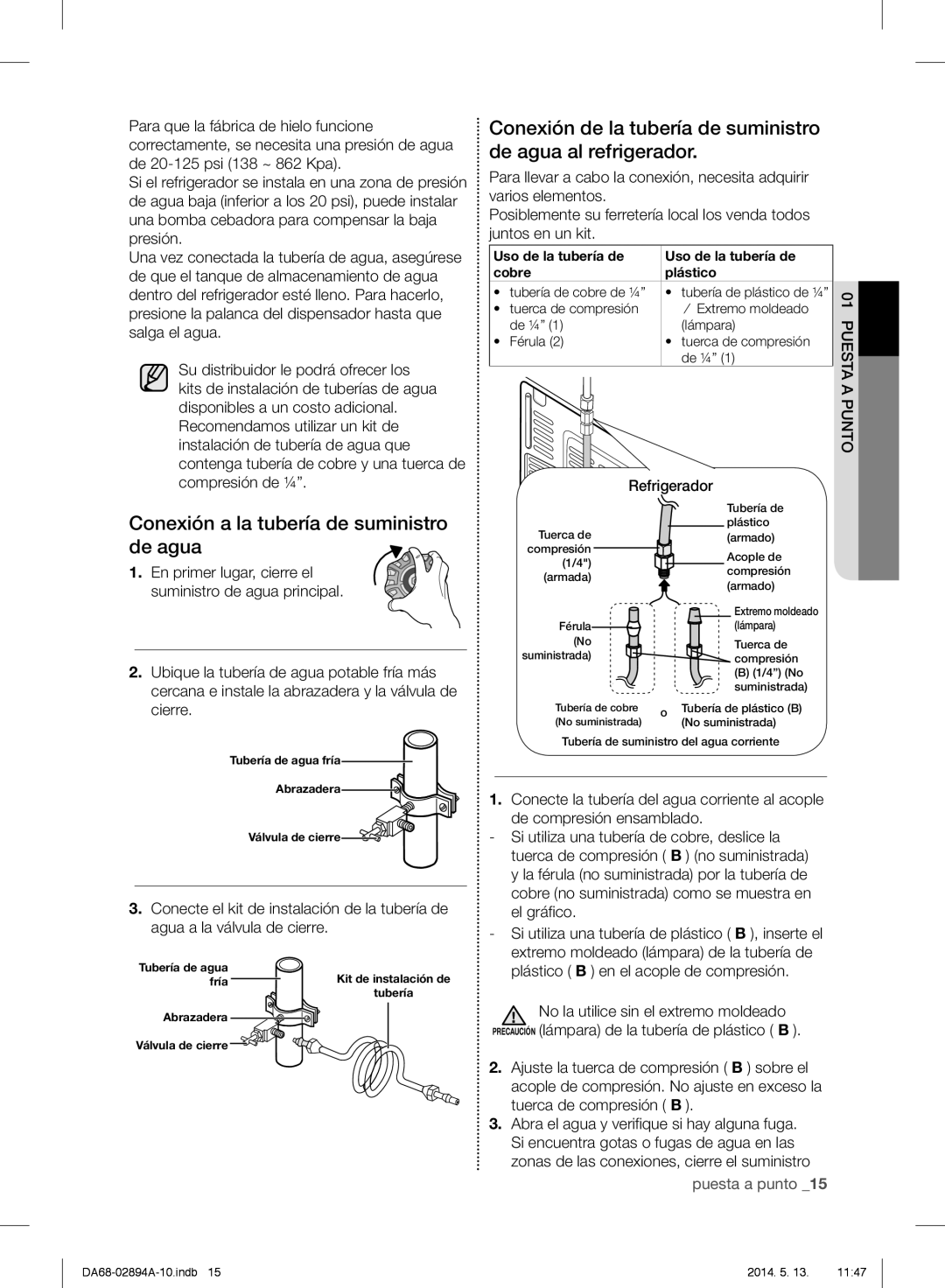 Samsung RF31FMESBSR user manual Conexión a la tubería de suministro de agua, Uso de la tubería de Cobre Plástico 