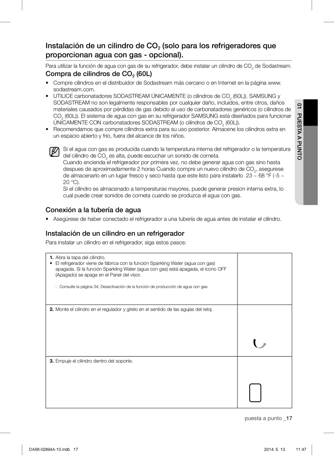 Samsung RF31FMESBSR user manual Compra de cilindros de CO2 60L, Conexión a la tubería de agua 