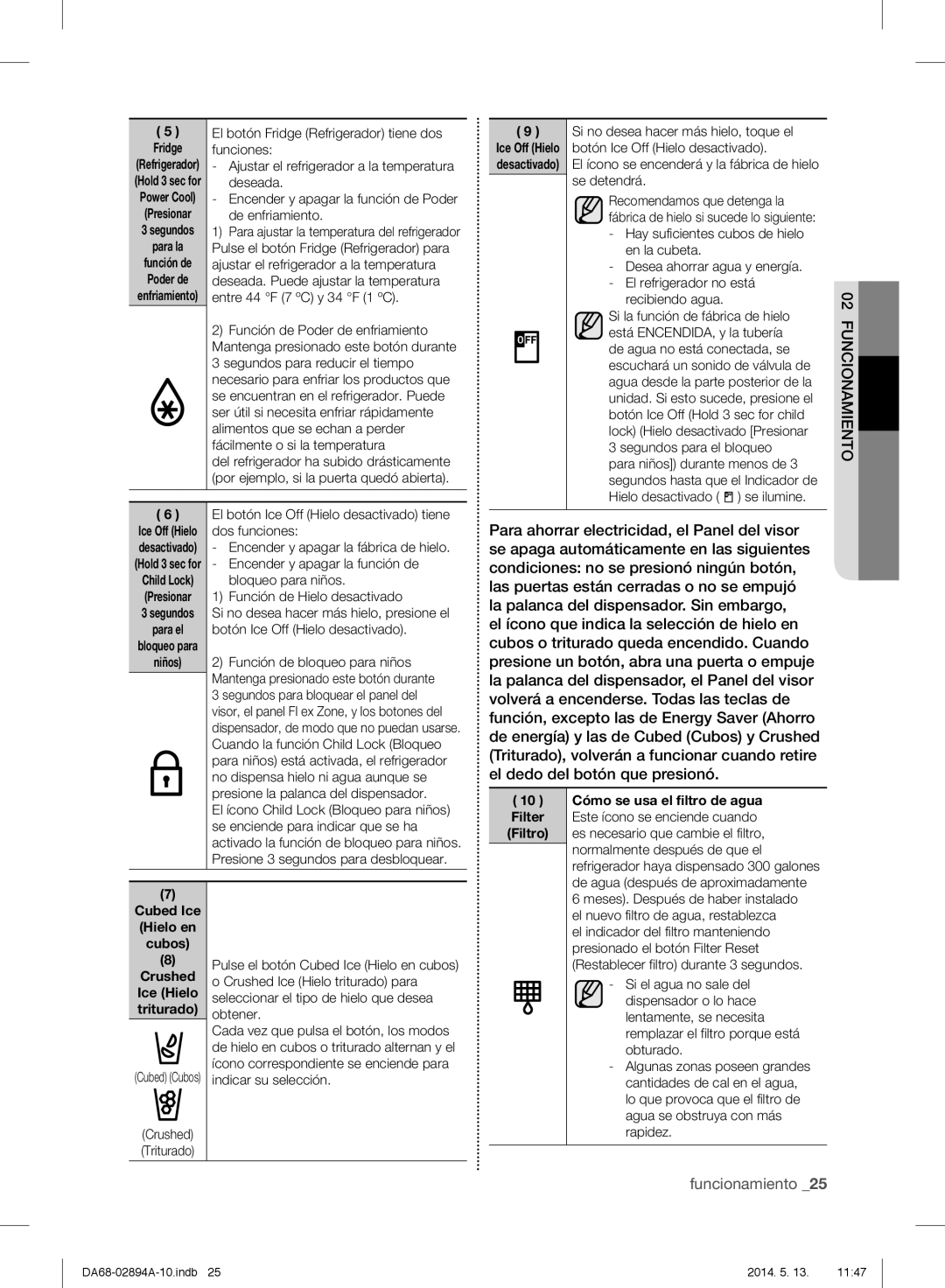 Samsung RF31FMESBSR user manual Cubed Ice Hielo en Cubos 