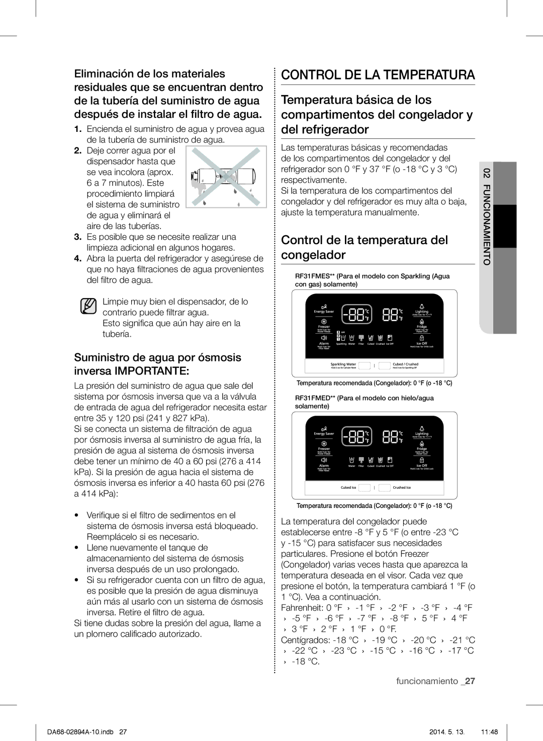 Samsung RF31FMESBSR user manual Control de la temperatura del congelador, Suministro de agua por ósmosis inversa Importante 