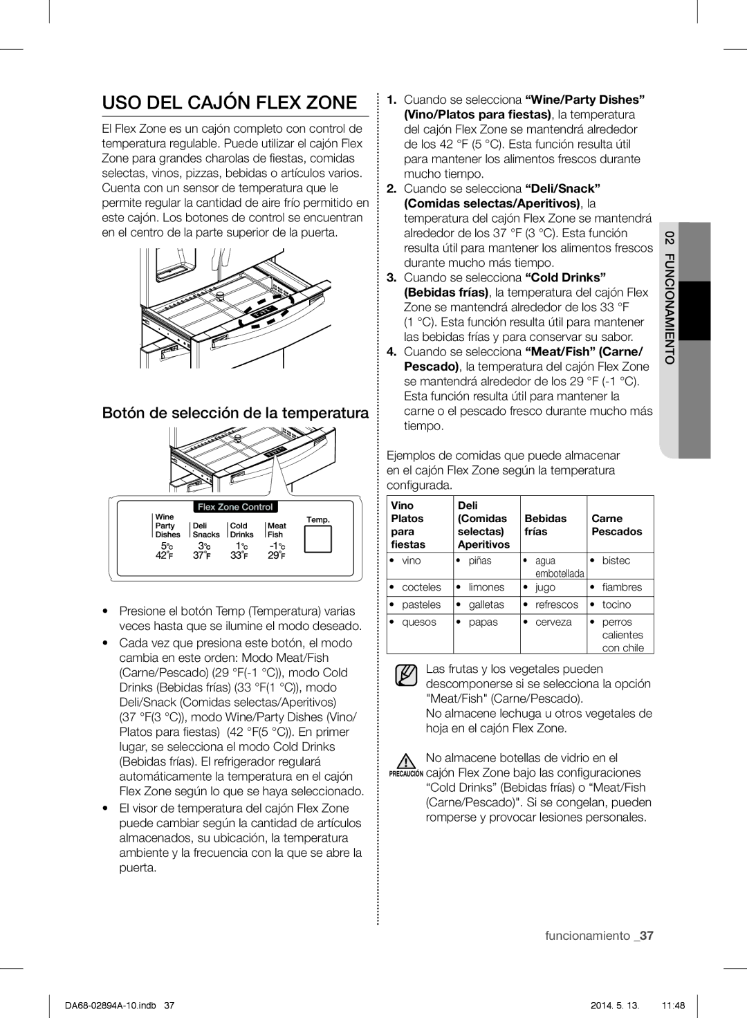 Samsung RF31FMESBSR user manual USO DEL Cajón Flex Zone, Botón de selección de la temperatura, Vino Piñas Agua Bistec 