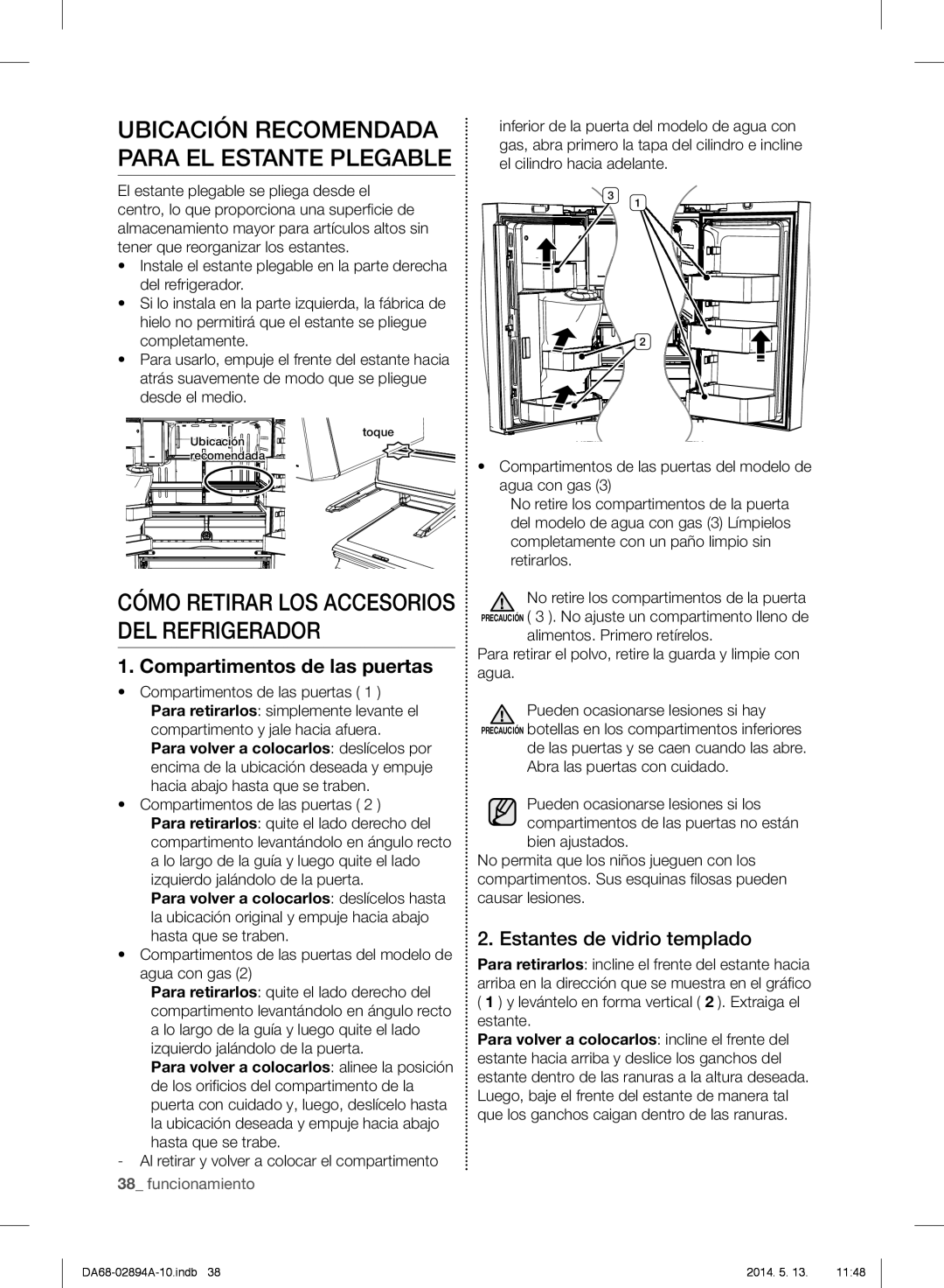 Samsung RF31FMESBSR user manual Estantes de vidrio templado, Levántelo en forma vertical 2 . Extraiga el estante 