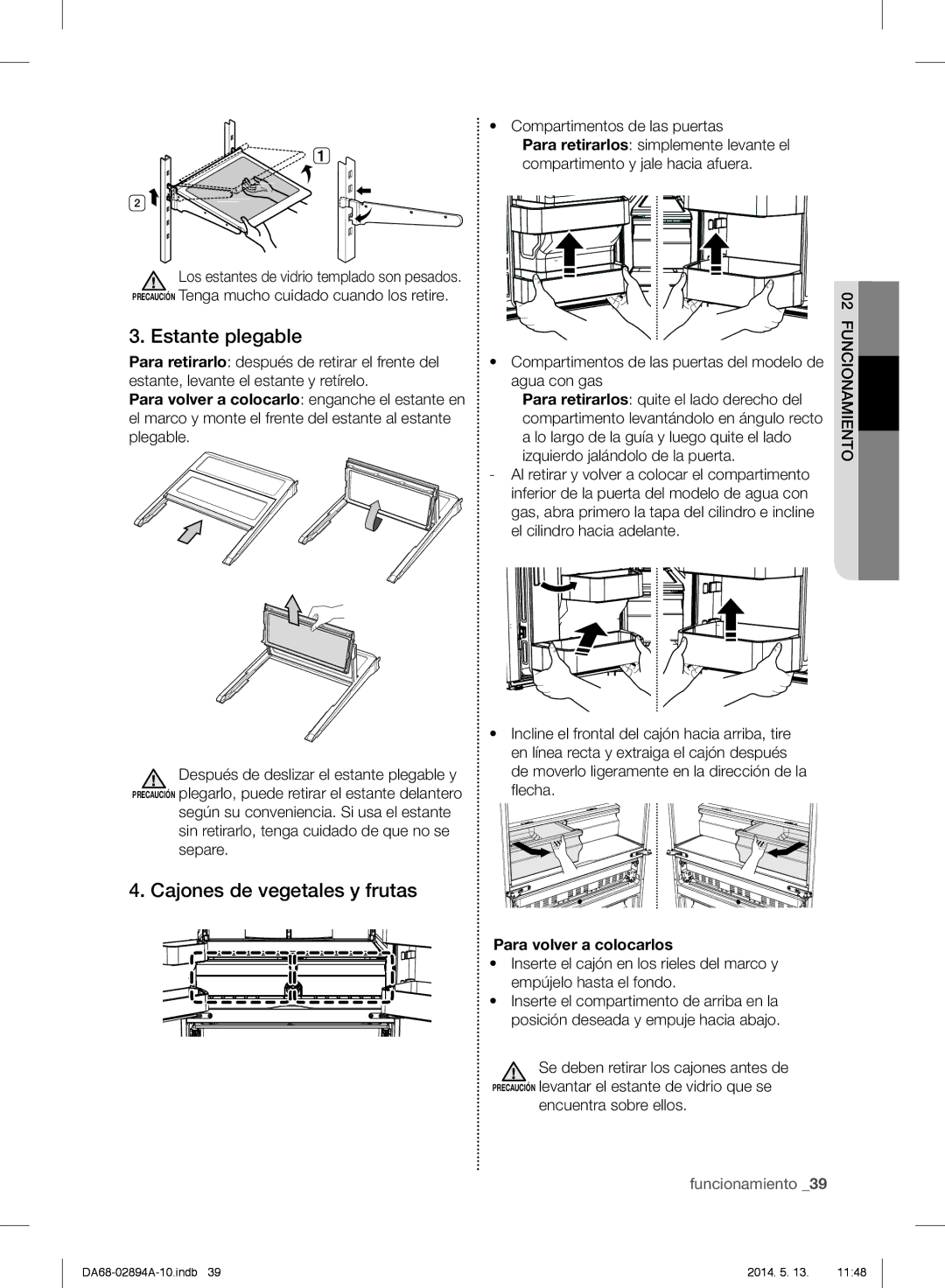 Samsung RF31FMESBSR user manual Estante plegable, Cajones de vegetales y frutas, Para volver a colocarlos 