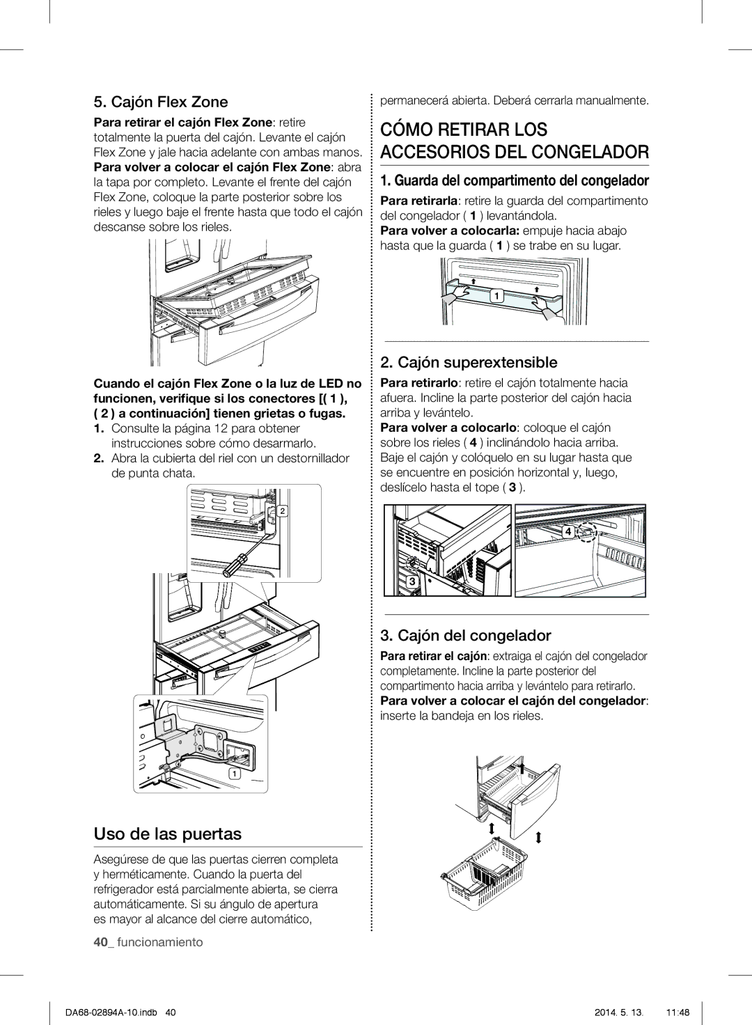 Samsung RF31FMESBSR user manual Uso de las puertas, Cajón Flex Zone, Cajón superextensible, Cajón del congelador 