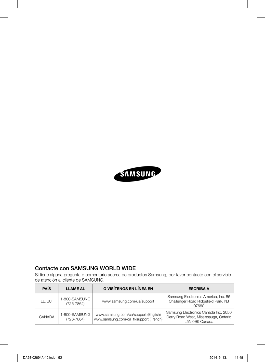 Samsung RF31FMESBSR user manual Contacte con SAMSUNG WORLD WIDE, País, Llame Al, O Visítenos En Línea En, Escriba A 