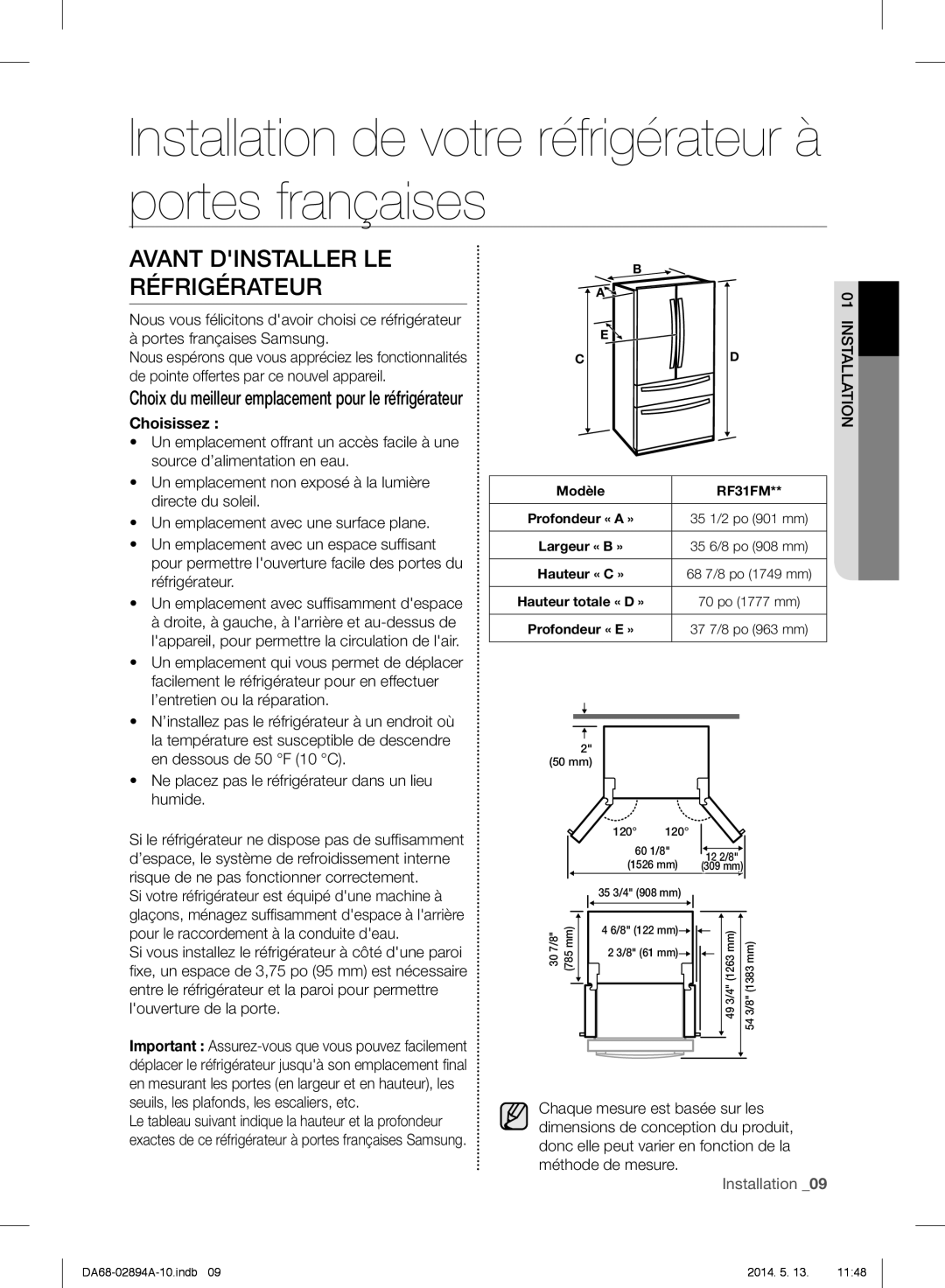 Samsung RF31FMESBSR user manual Avant Dinstaller Le Réfrigérateur, Installation _09, Choisissez 