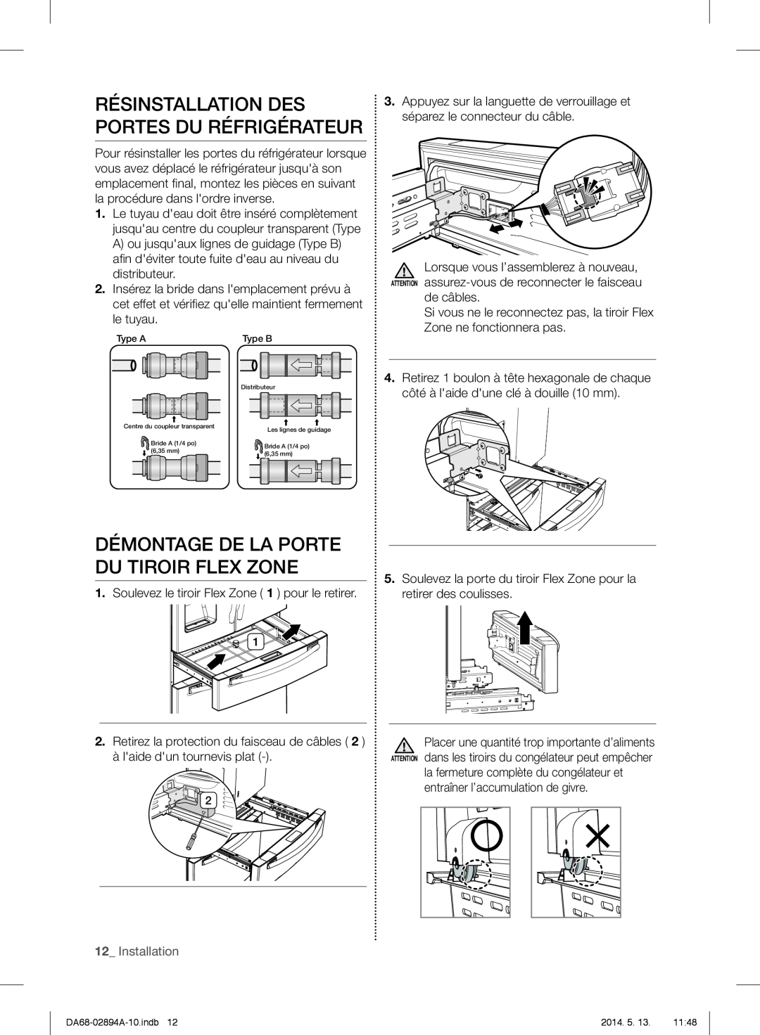 Samsung RF31FMESBSR user manual Démontage De La Porte Du Tiroir Flex Zone, Résinstallation Des Portes Du Réfrigérateur 