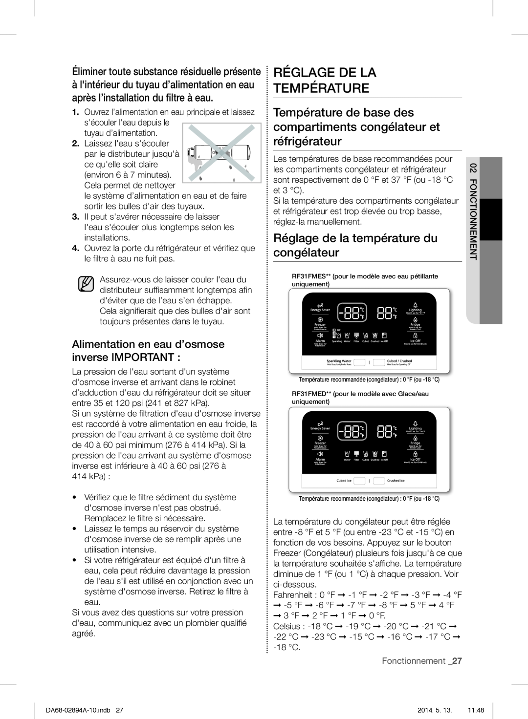 Samsung RF31FMESBSR user manual Réglage De La Température, congélateur, Réglage de la température du, Fonctionnement _27 