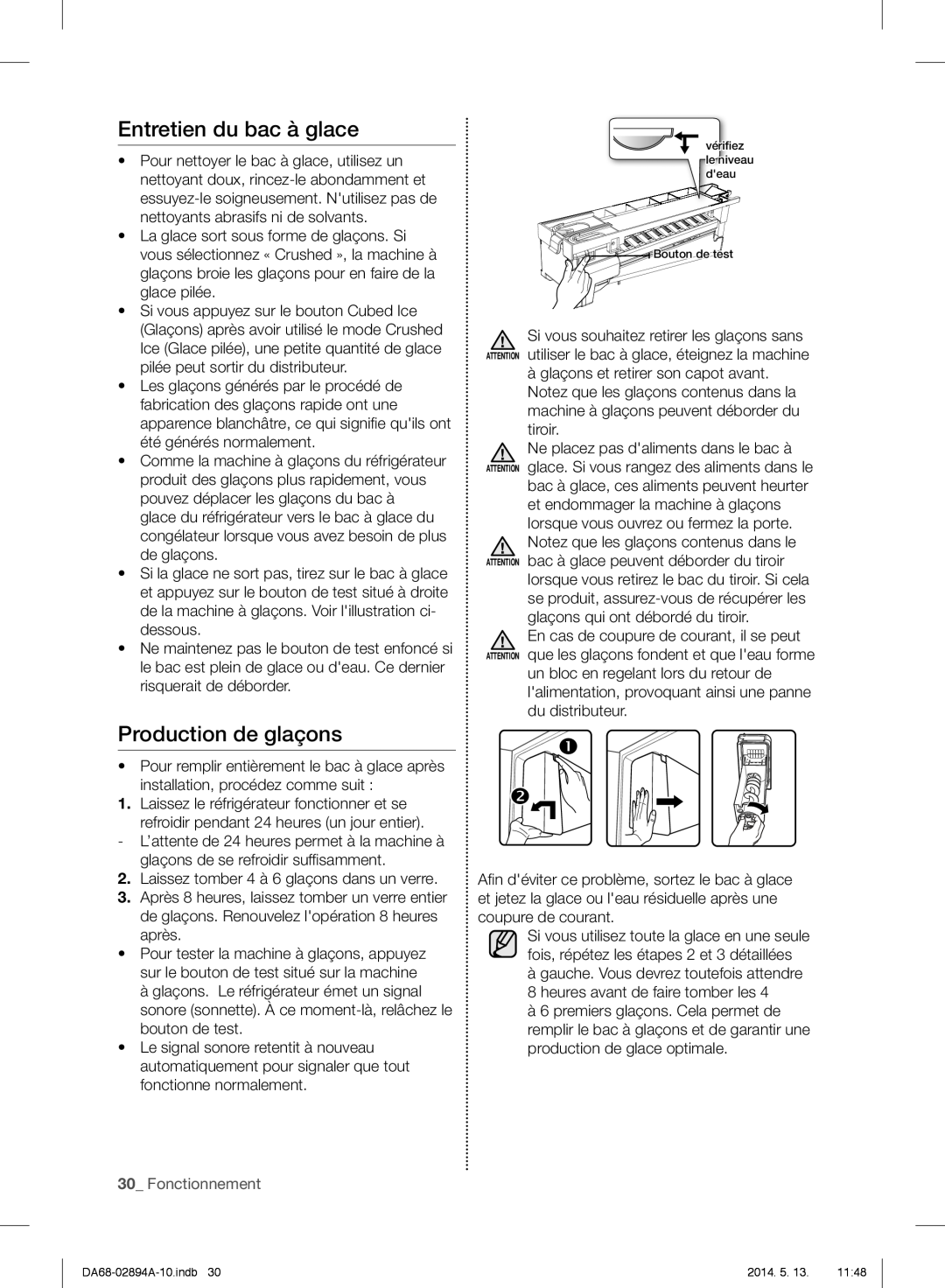 Samsung RF31FMESBSR user manual Entretien du bac à glace, Production de glaçons, 30_ Fonctionnement 