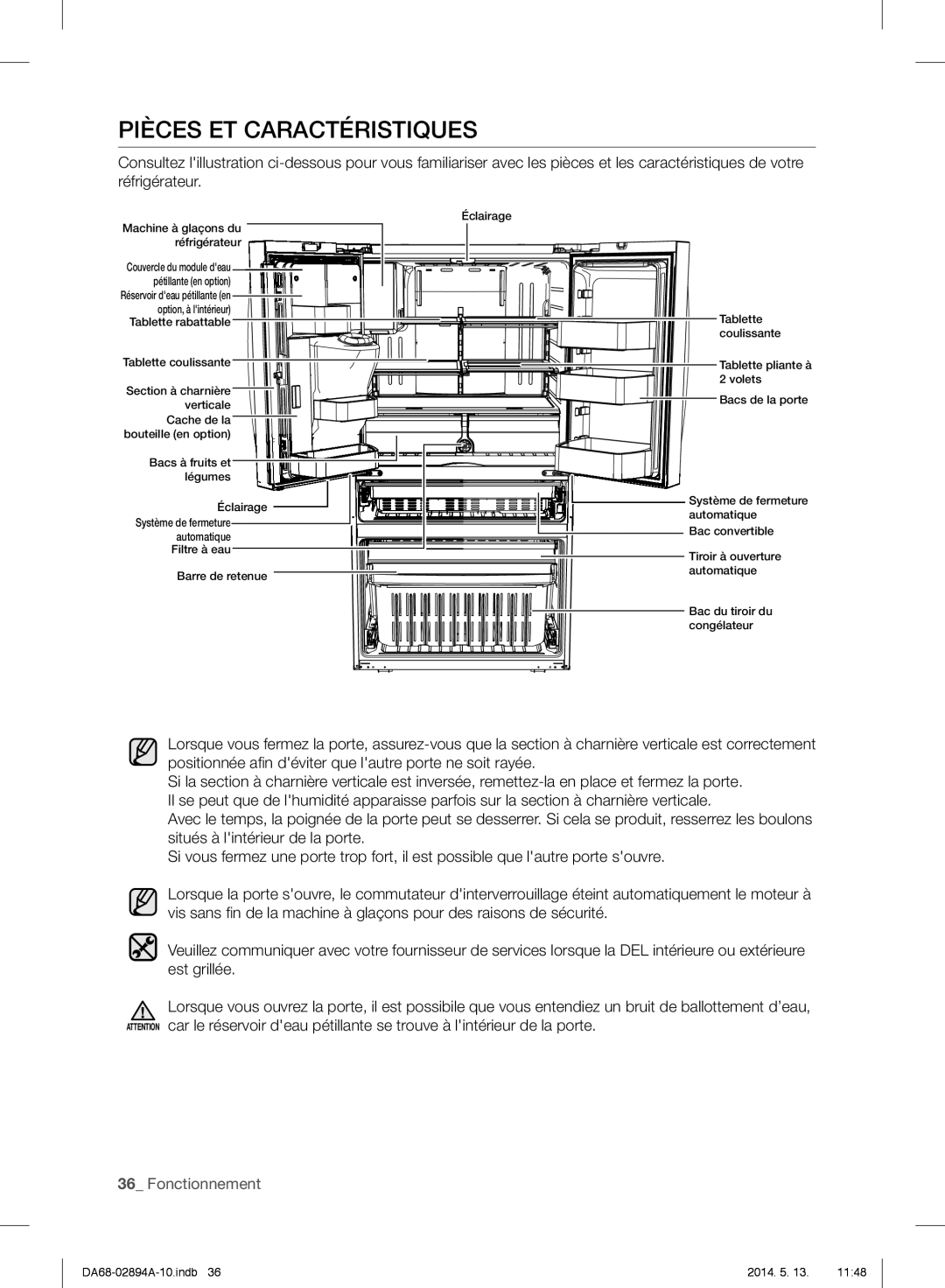Samsung RF31FMESBSR user manual Pièces Et Caractéristiques, 36_ Fonctionnement 