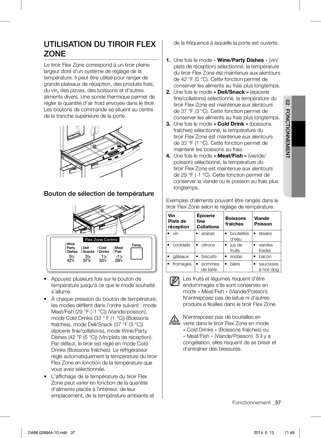 Samsung RF31FMESBSR user manual Utilisation Du Tiroir Flex Zone, Bouton de sélection de température, Fonctionnement _37 