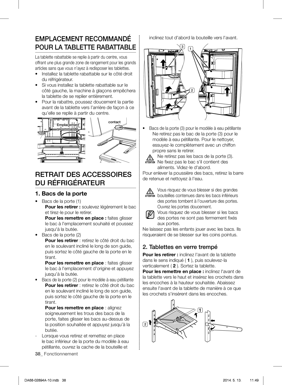 Samsung RF31FMESBSR user manual Retrait Des Accessoires Du Réfrigérateur, Bacs de la porte, Tablettes en verre trempé 