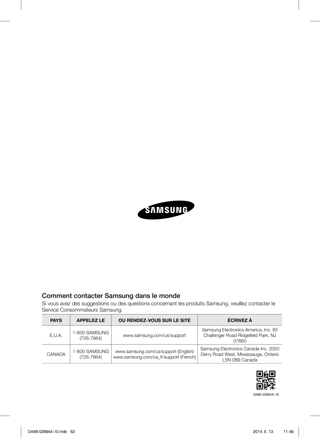 Samsung RF31FMESBSR Comment contacter Samsung dans le monde, Pays, Appelez Le, Ou Rendez-Voussur Le Site, Écrivez À 