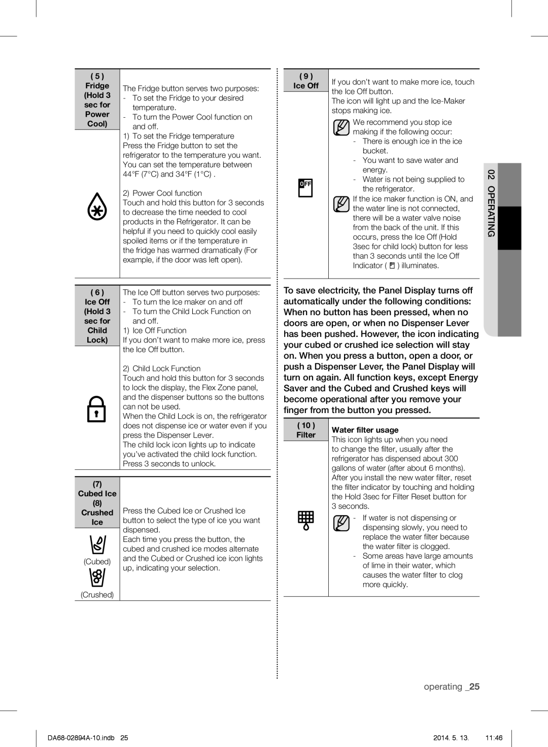 Samsung RF31FMESBSR user manual operating _25, sec for, Power, Ice Off, Lock, Water filter usage, Filter 