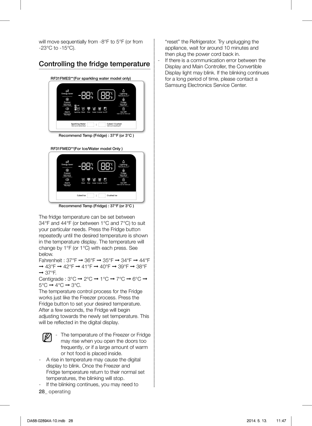 Samsung RF31FMESBSR user manual Controlling the fridge temperature 