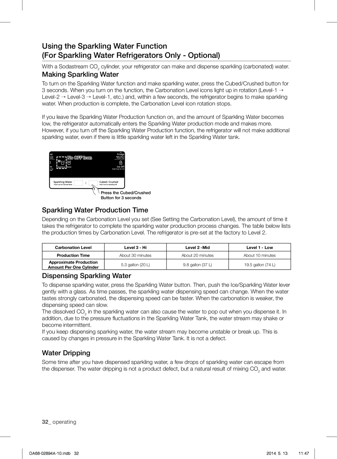 Samsung RF31FMESBSR user manual Using the Sparkling Water Function, Making Sparkling Water, Sparkling Water Production Time 