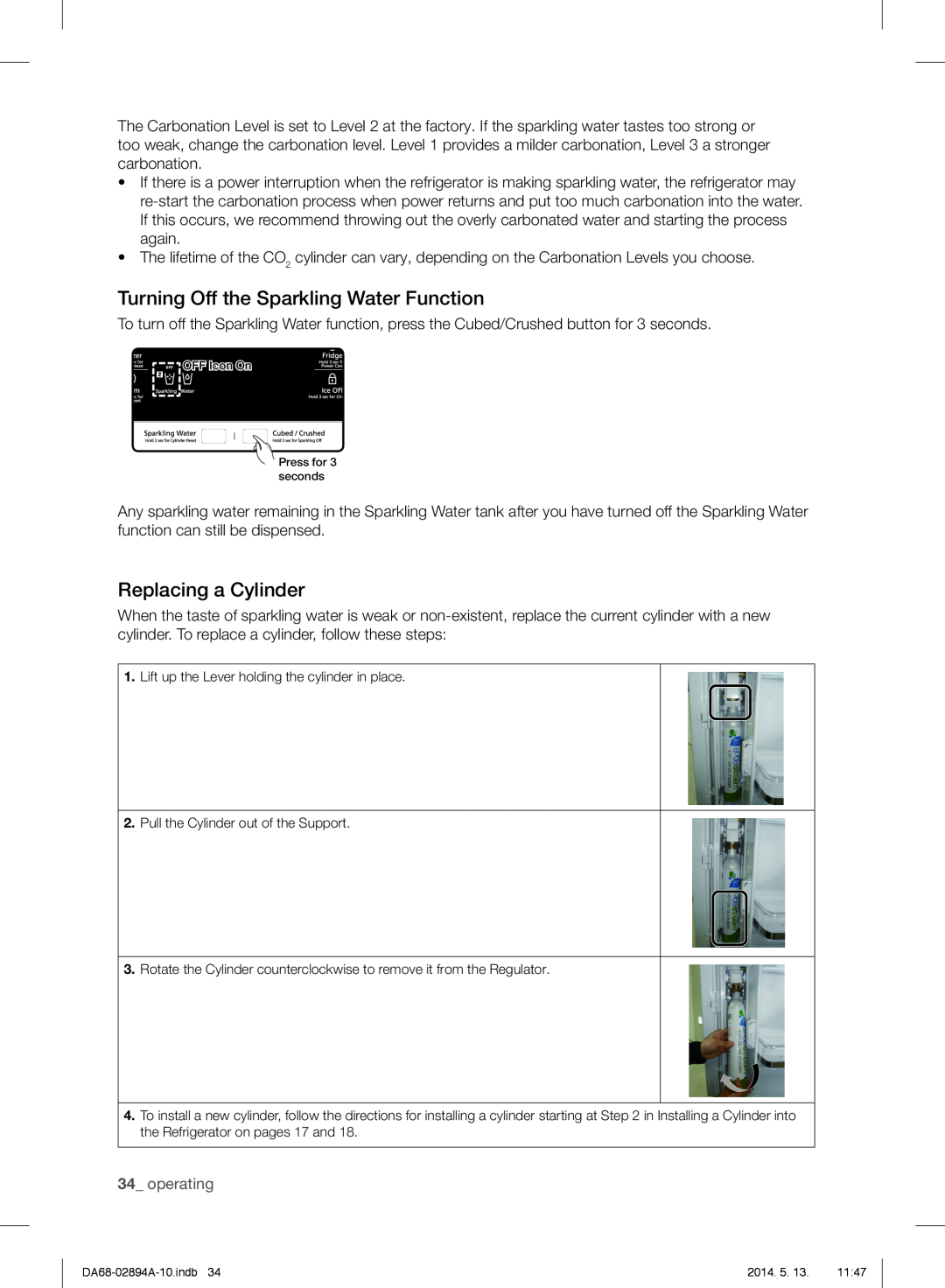 Samsung RF31FMESBSR user manual Turning Off the Sparkling Water Function, Replacing a Cylinder, 34_ operating 