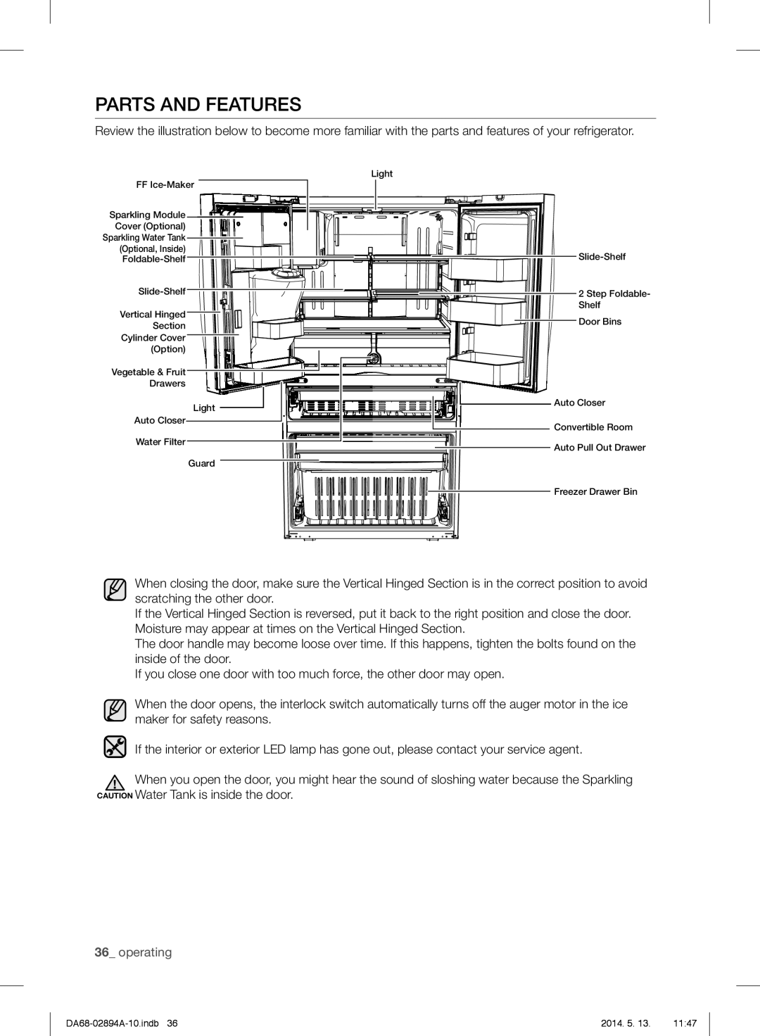 Samsung RF31FMESBSR user manual Parts And Features, 36_ operating 