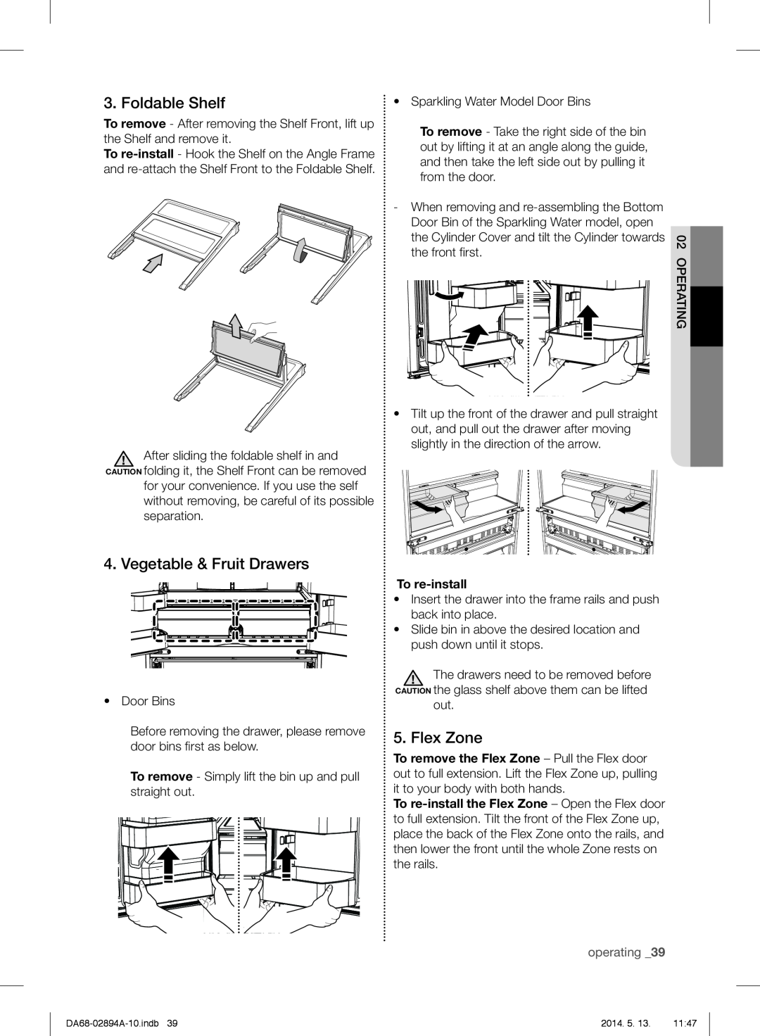 Samsung RF31FMESBSR user manual Foldable Shelf, Vegetable & Fruit Drawers, Flex Zone, operating _39 